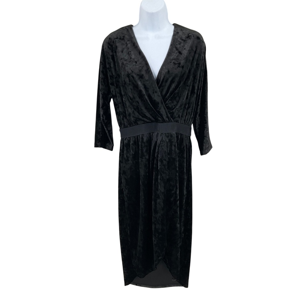 Eva Mendes Dress Womens L Black Crushed Velvet Wrap V-Neck Midi Whimsigoth Goth